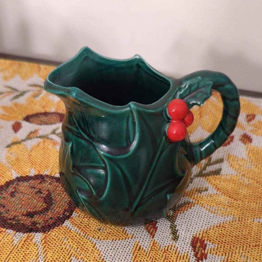 Vintage Green Ceramic Pitcher with Red Berries